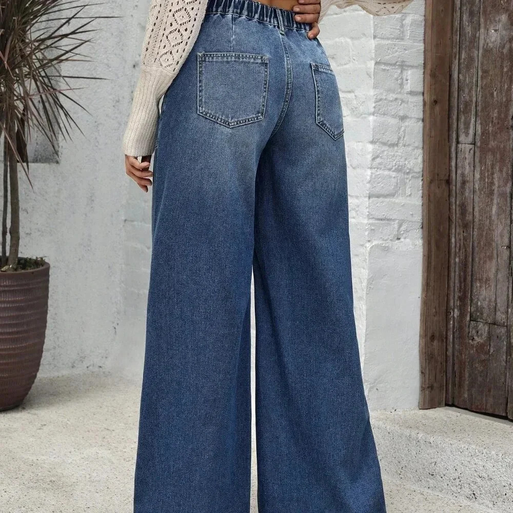 Blue Casual Women's Pockets Versatile Loose Wide Leg Jeans - Picture 3 of 6